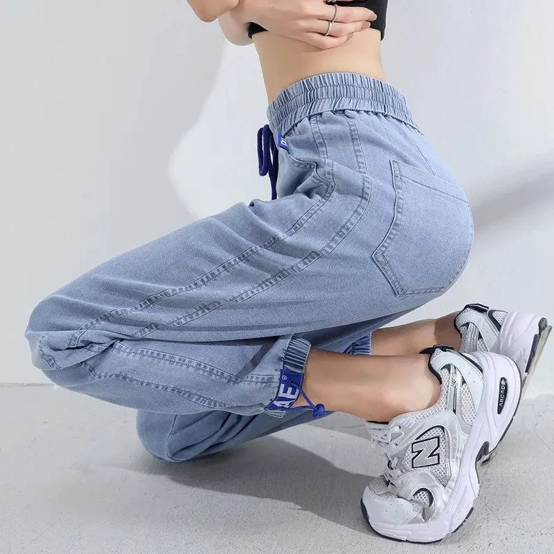 Light 2025 Blue Thin High Waist Harem Pants Spring Summer new Drawstring Loose Ankle-length Denim Trousers Simple Streetwear Women Pants