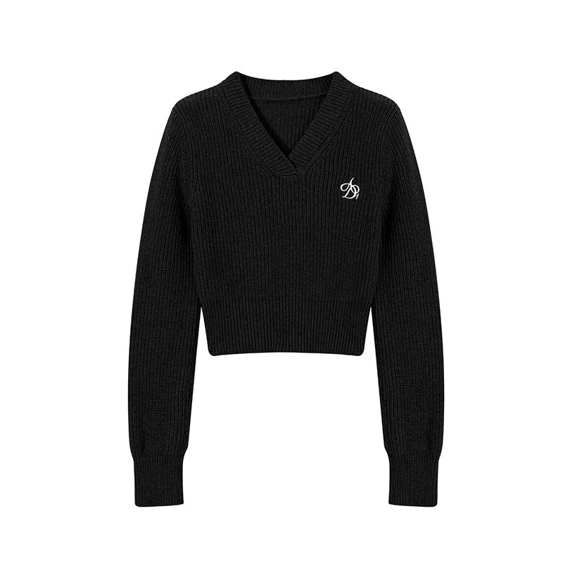 new Deeptown Haruku Basic Black Cropped Sweater Women 2025 Vintage Korean Style Slim Gray Long Sleeve Knit Jumper Female Preppy Fashion