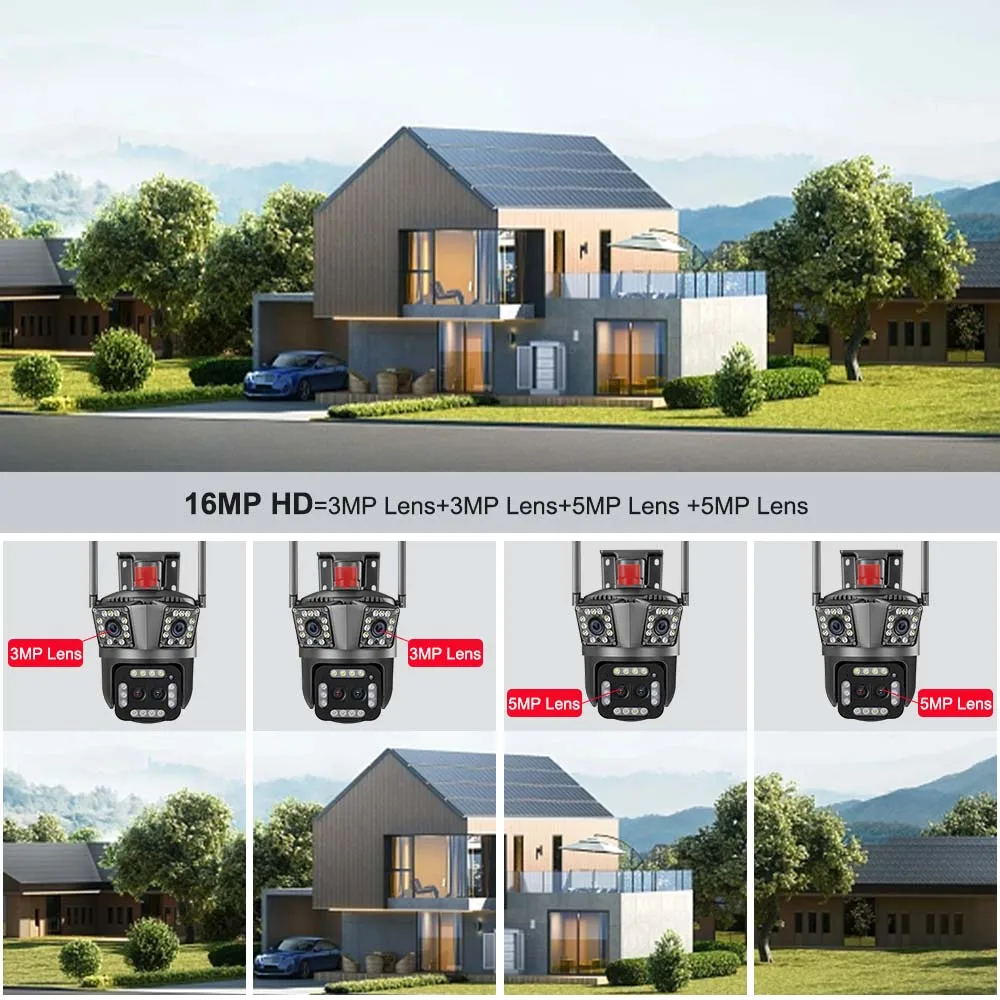 16MP 8K WiFi IP Camera 10X Zoom 4K Outdoor Security Camera Surveillance AI Track Four Lens Three Screen Mini Street Camera 360°