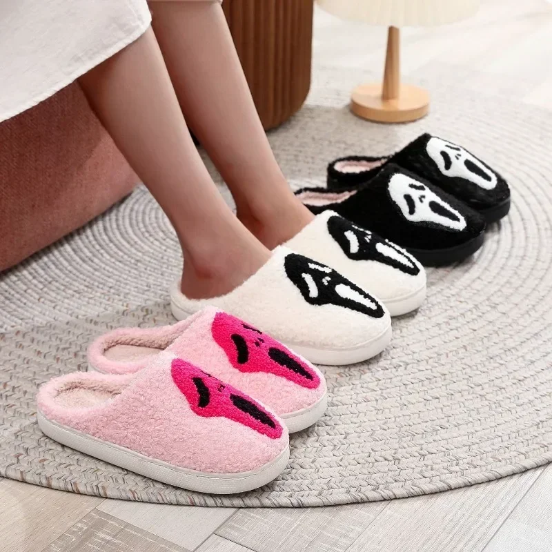 Warm Plush Slippers Women's Winter New Halloween Black Ghostface Home Cotten Slippers Men Flip Flops Indoor Floor Slippers Gifts