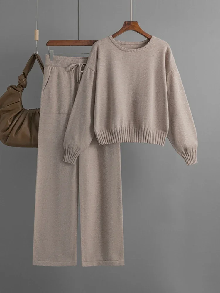 Winter Autumn Women's Knitted Tracksuit Casual Korean Plus Size Sweatersuit Wide Leg Pants Set Ribbed 2 Piece Sets Women Outfits