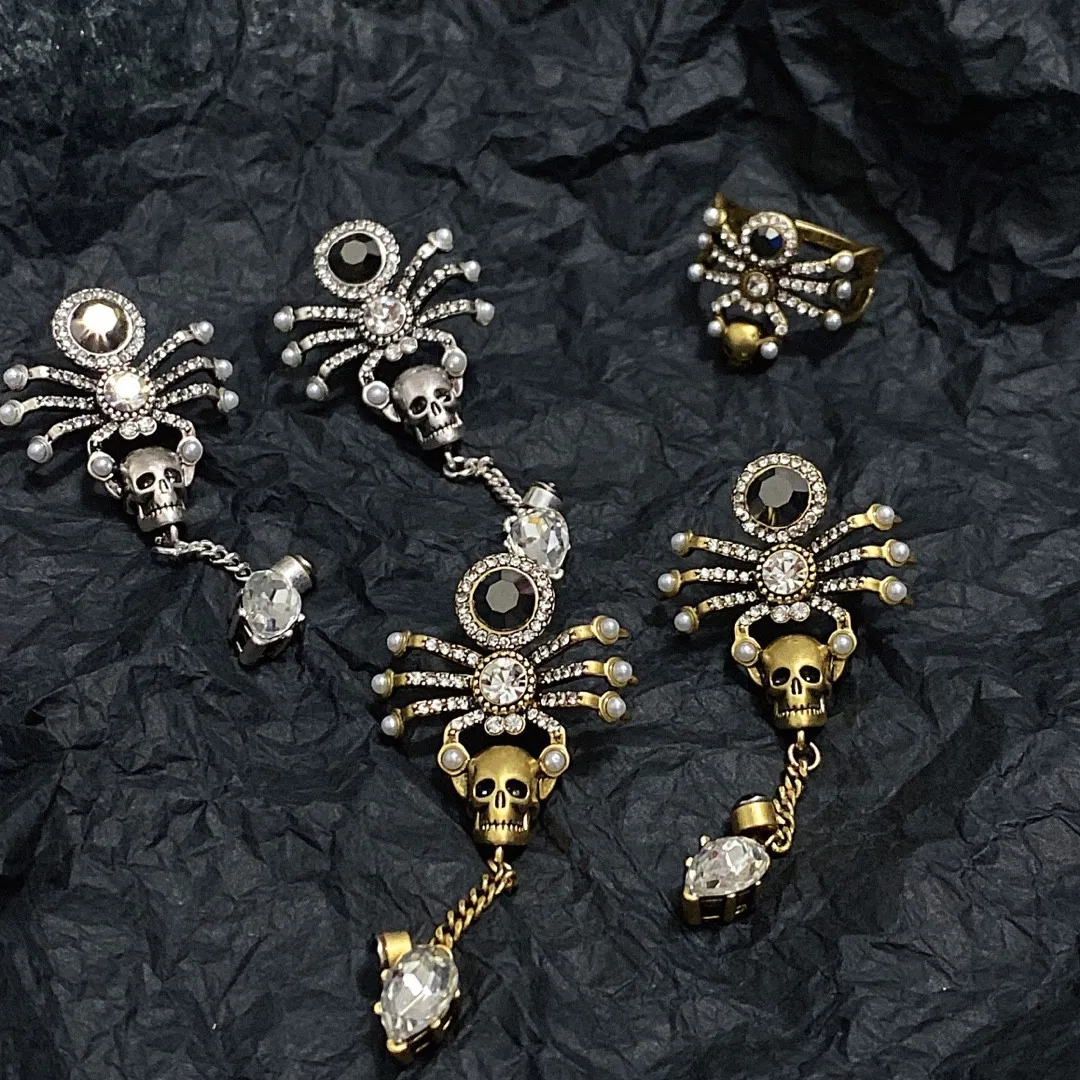 Punk Spiders Skull Earrings Men's Gothic Adjustable Opening Spider Ring Exaggerated Personality Copper Spiders Jewelry Set