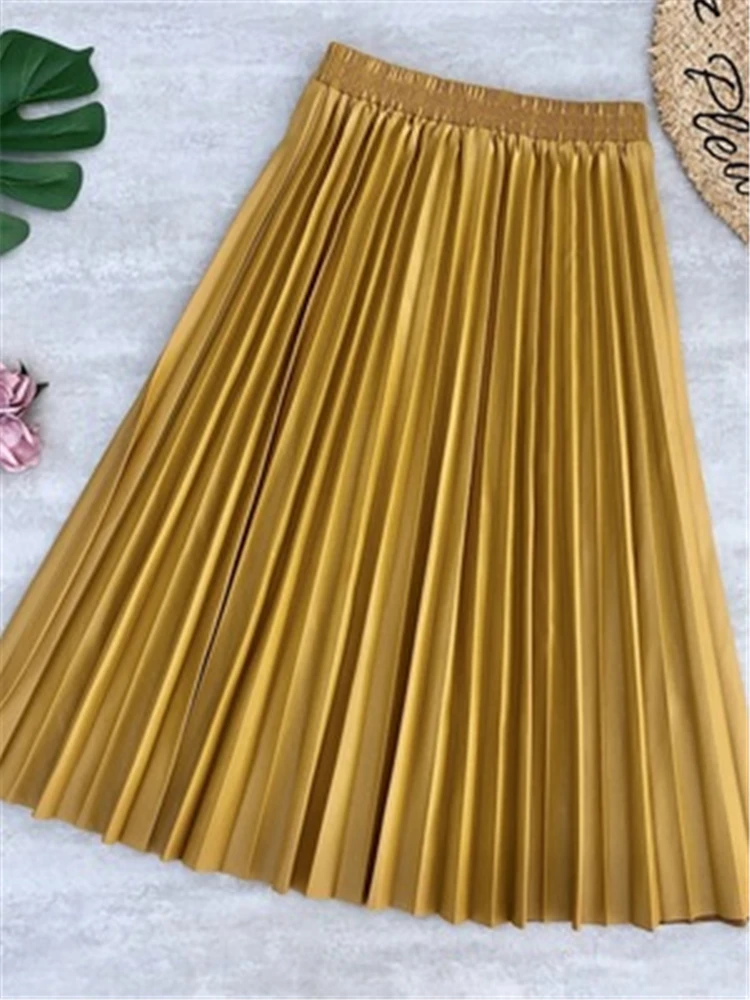 Seoulish new Women Autumn Winter PU Leather Pleated Skirts 2025 Elastic High Waist Fashionable All-match Midi Skirt Female 2022 New