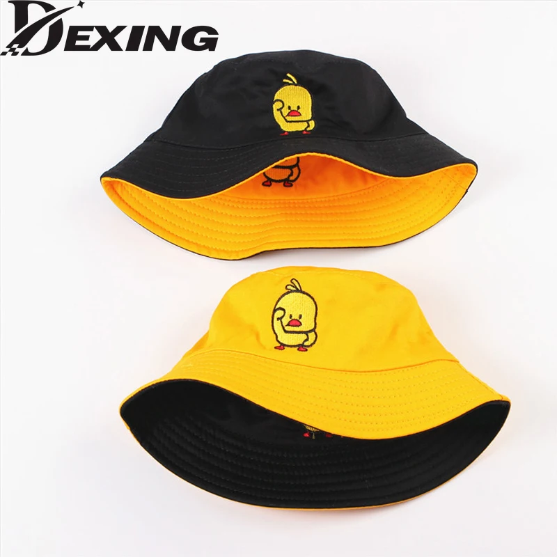 Reversible Black Yellow Duck Bucket Hat for Men Women Summer Sun Hat Fishing Hat Bob Sad Boys Panama Fold Outdoor Fisherman Hat