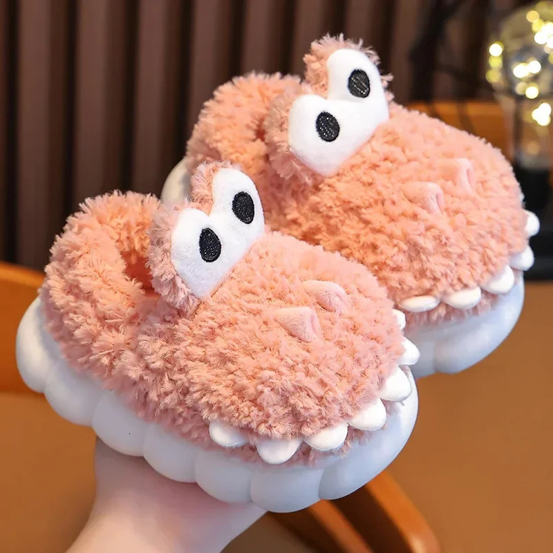 Non Slip Kids Boys Girls Home Fashion Casual Shoes Cute Cartoon Little Dinosaur Cotton Slippers Girls Winter Thick Sole Shoes 240318