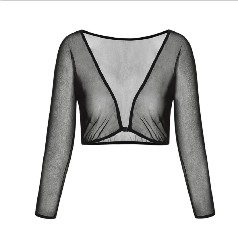 new Women Casual All-match Shawl Mesh Colour Crop Top Long Sleeve See Through T-Shirt Sheer Sexy Stretchy Blouse Chic 2025 Elegant Shrug