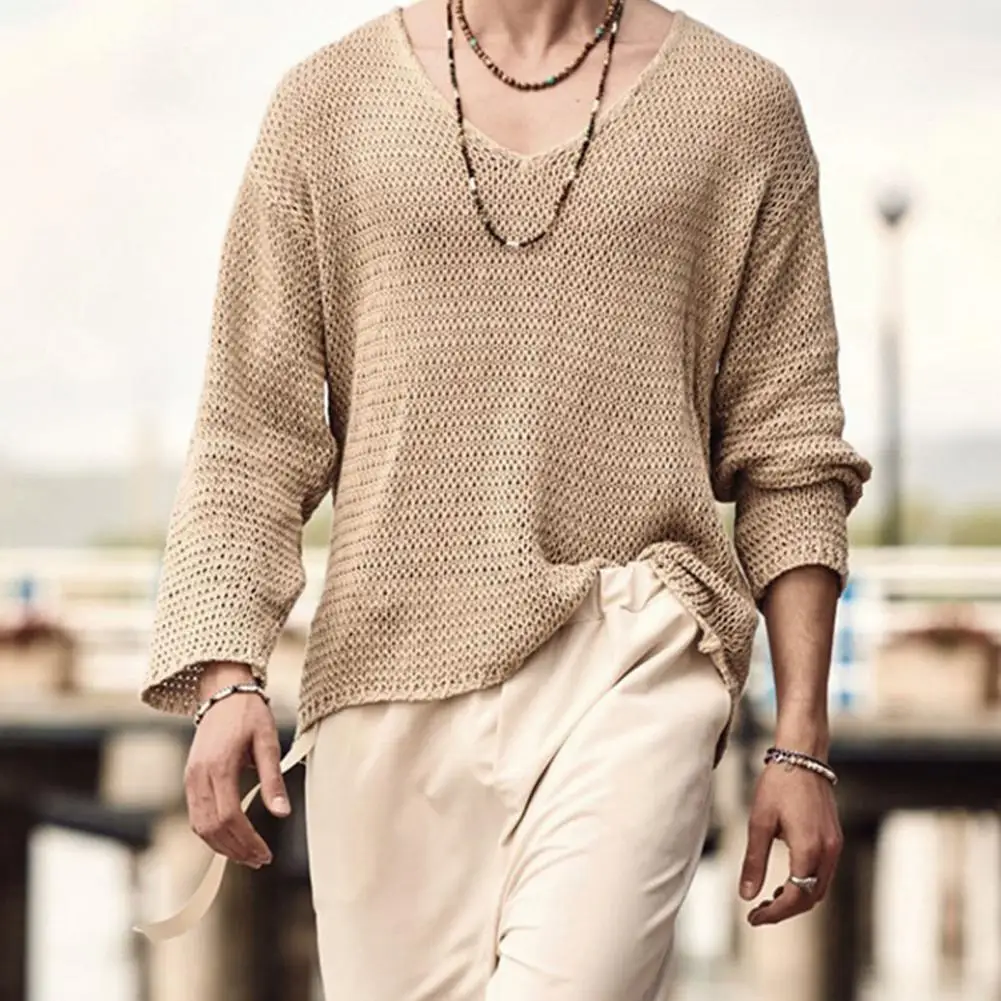 Men Pullover Sweater Spring Autumn V-Neck Long Sleeve Knitted Tops Solid Color Hollow Out Loose Knitwear Streetwear