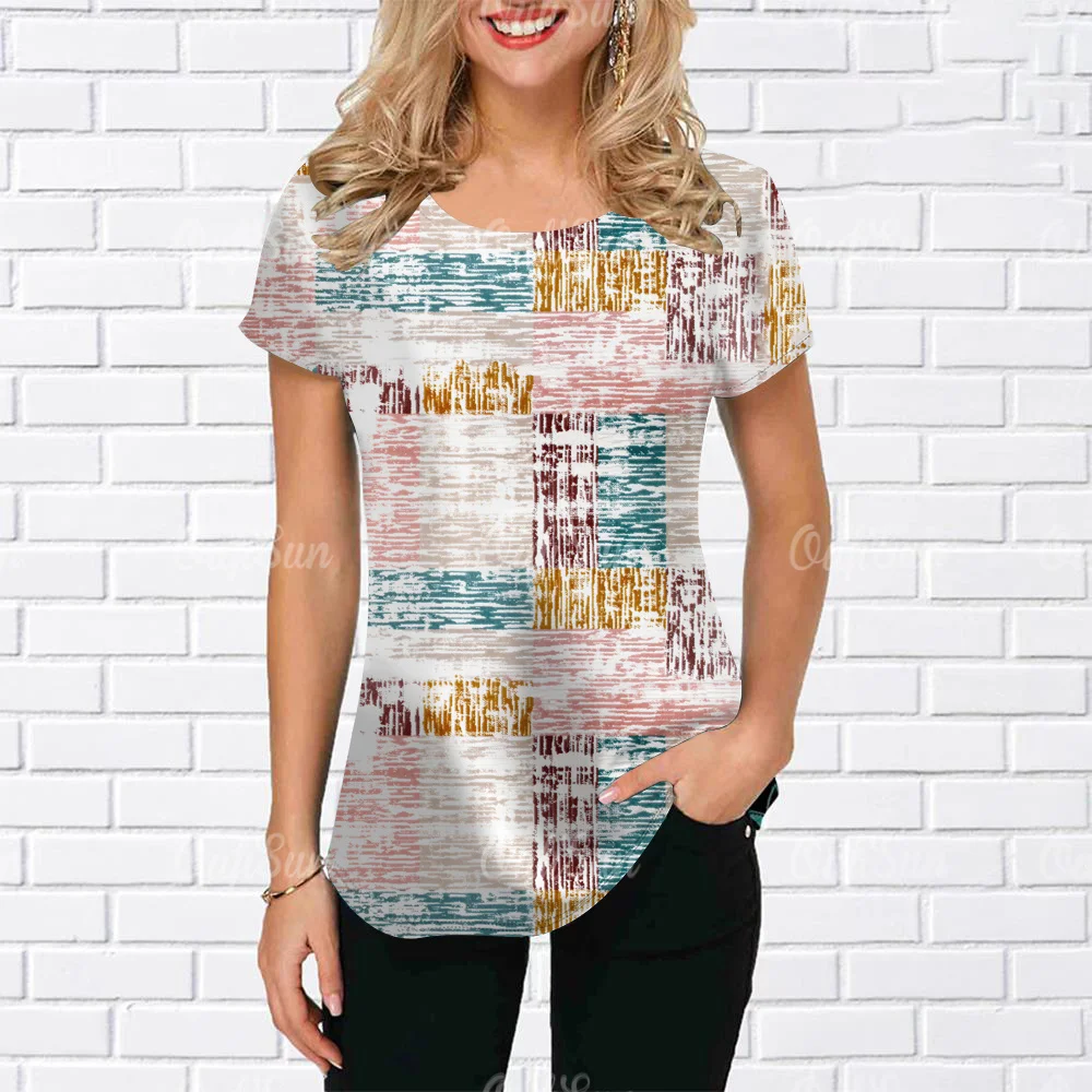 Vintage Women T-Shirt Short Sleeve Top new 6xl Colorblock Graphic Clothing O-Neck Oversized Apparel Daily Tops For Women 2025 Tees Shirt