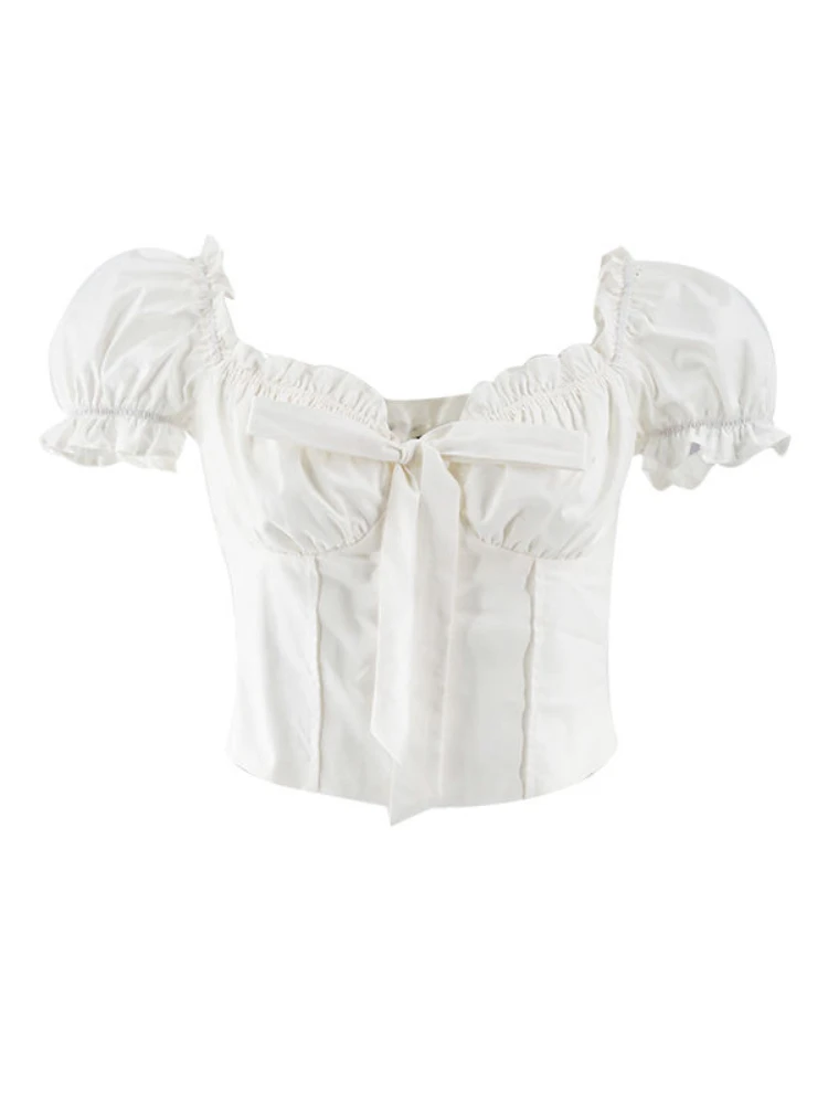HOUZHOU Kawaii White Blouse Women Sweet Ruffles Puff Sleeve Crop Tops Summer Short Sleeve Casual High Street Korean Fashion