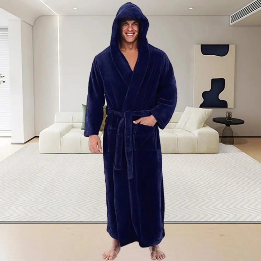 High-quality Bathrobe Super Soft Fluffy Men's Hooded Bathrobe with Adjustable Belt Highly Absorbent Solid Color Design