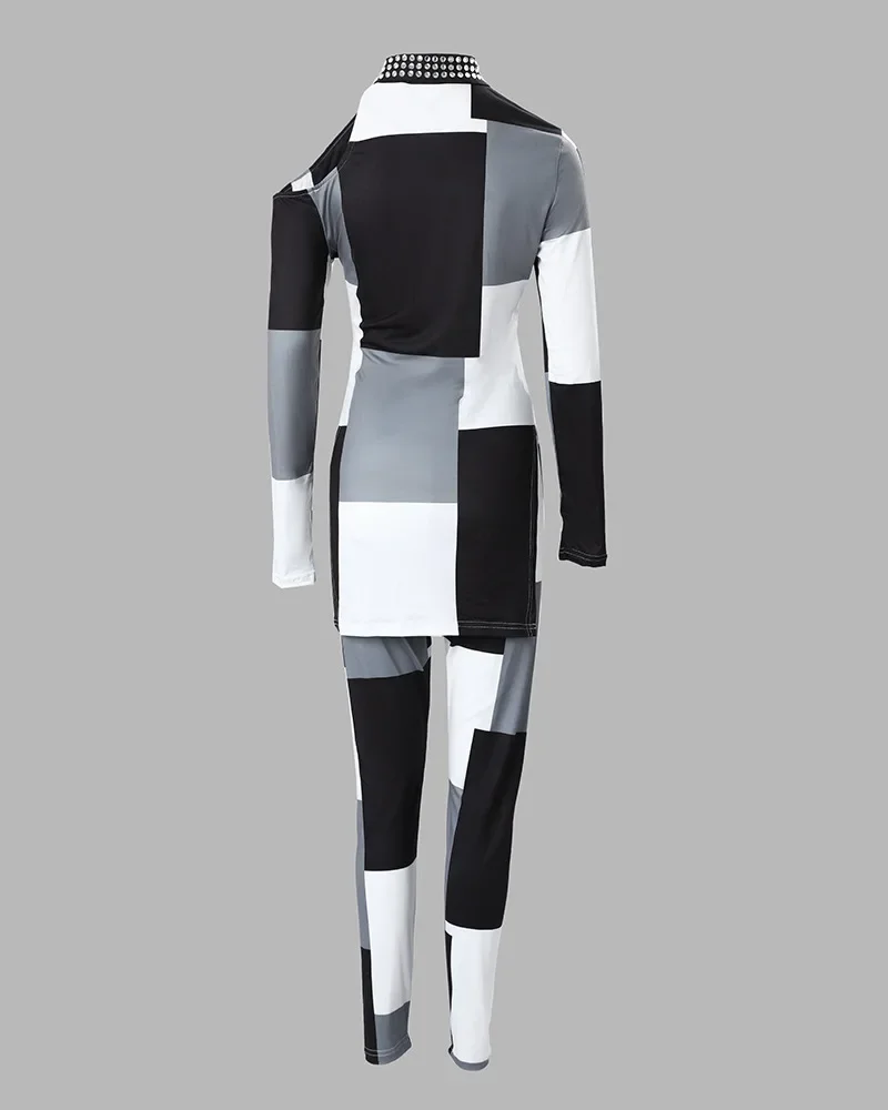 2025 Geo Print Split Hem Cold Shoulder Top & Pants Set Women 2pcs Clothes Suit Spring Summer Plaid Hollow Out Top new Pencil Pants