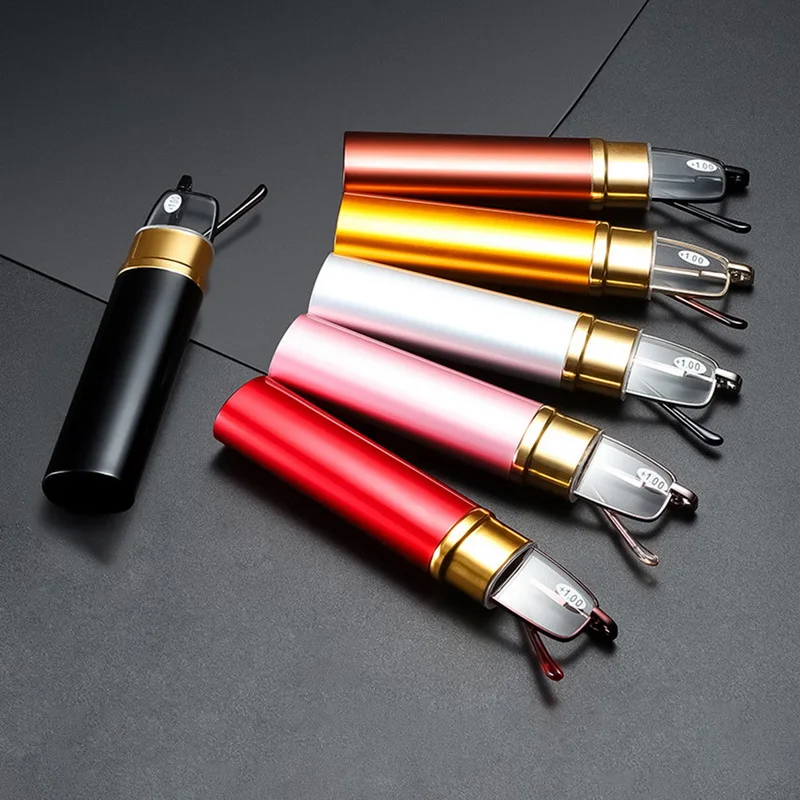 Elegant Portable Metal Frame Mini Ultra-thin Reading Glasses Pen Box Men Women Reading Glasses with Box Presbyopia Eyeglasses