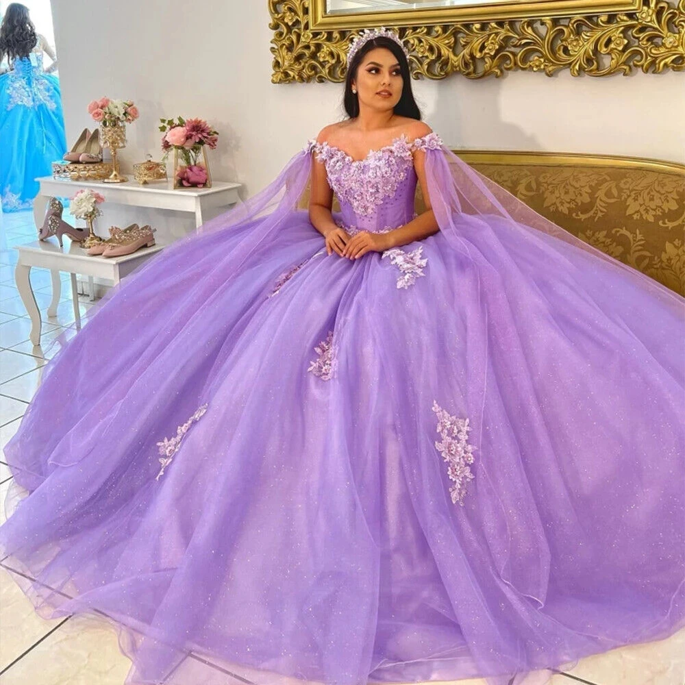 ANGELSBRIDEP Glittering Lilac Quinceanera Dresses With Cape Formal Birthday Party Ball Gown Vestidos De 15 Anosowns With Wrap