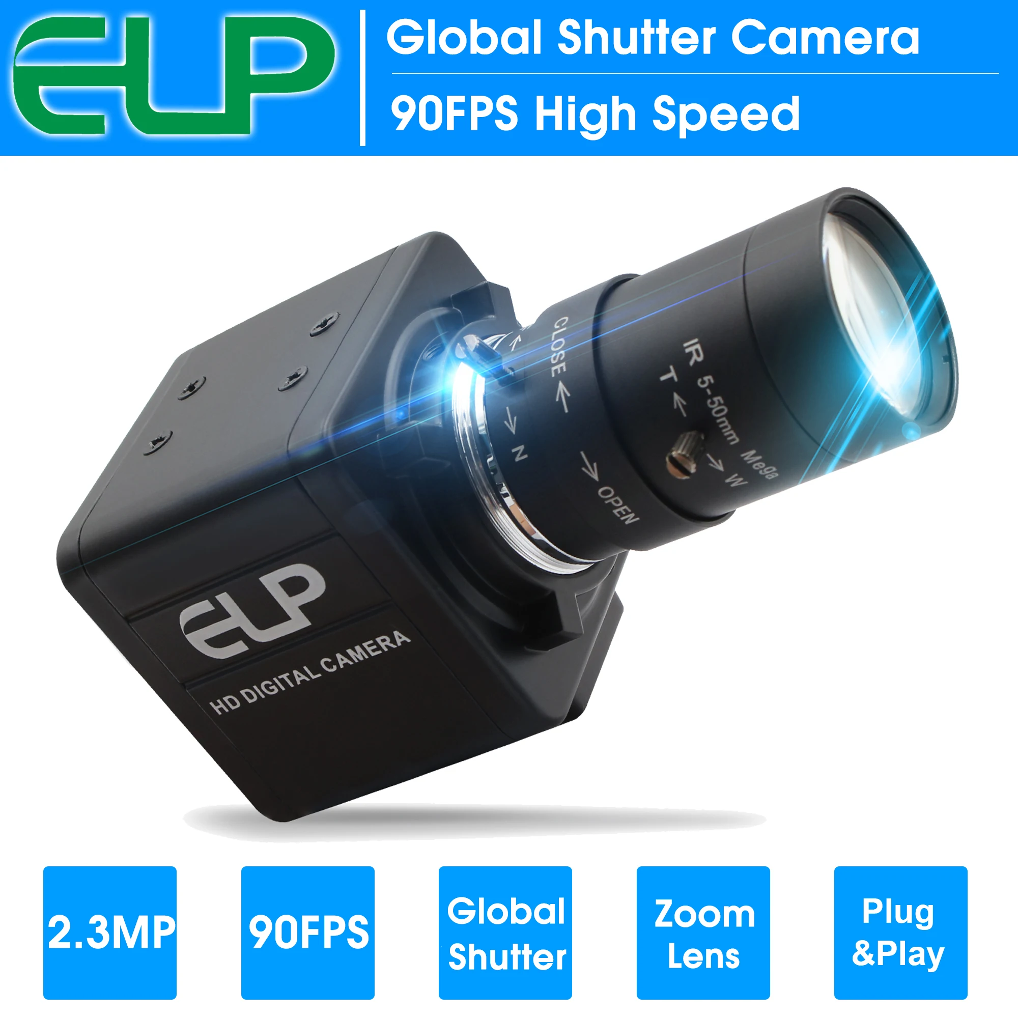 ELP 2MP 1200P 1080P High Speed 90FPS AR0234 Global Shutter Mini USB Camera with 5-50mm 10X Zoom Lens for Golf Sporting Recording