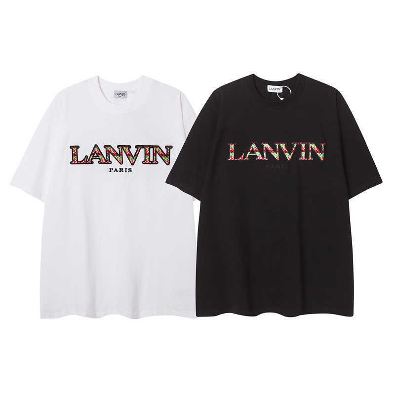 Langfan Lanvin Chengyi Same Product Simple Heavy Industry Embroidered T-shirt Mens and Womens Thread Collar