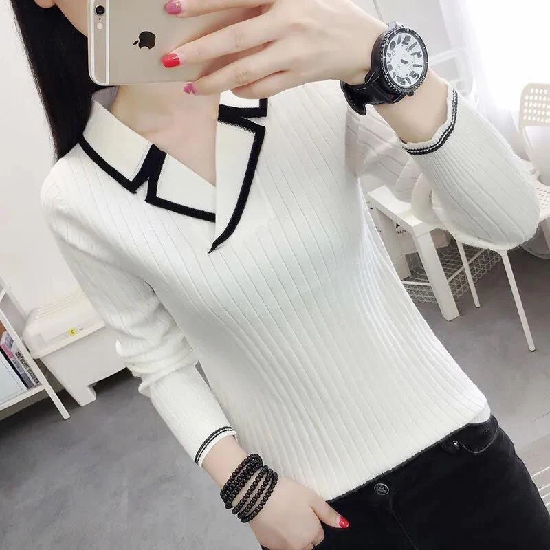 Women's Korean 2025 Elegant V-neck Slim Contrast Color Knitted Sweaters Autumn Winter Long Sleeve Pullovers new Basic Ladies Tops Jumpers
