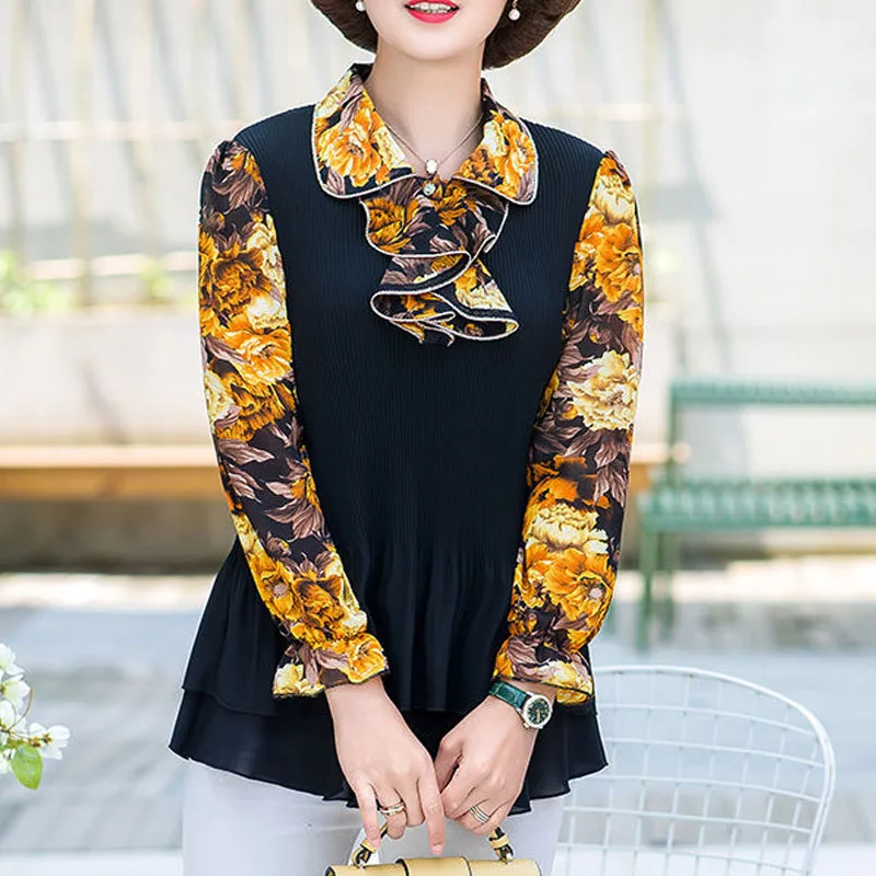 2025 Mom's Spring Summer new Chinese Style Various Pattern Printing Turn Down Collar Flare Sleeve Blouse Agaric Lace Long Sleeve Thin