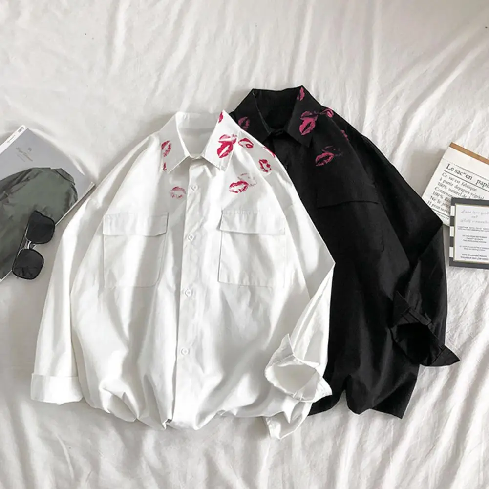 Long Flap Lapel Sleeves Pockets Men Shirt Lapel Single Breasted Couple Shirt Spring Autumn Kiss Print Men Shirt Coat For Daily smile