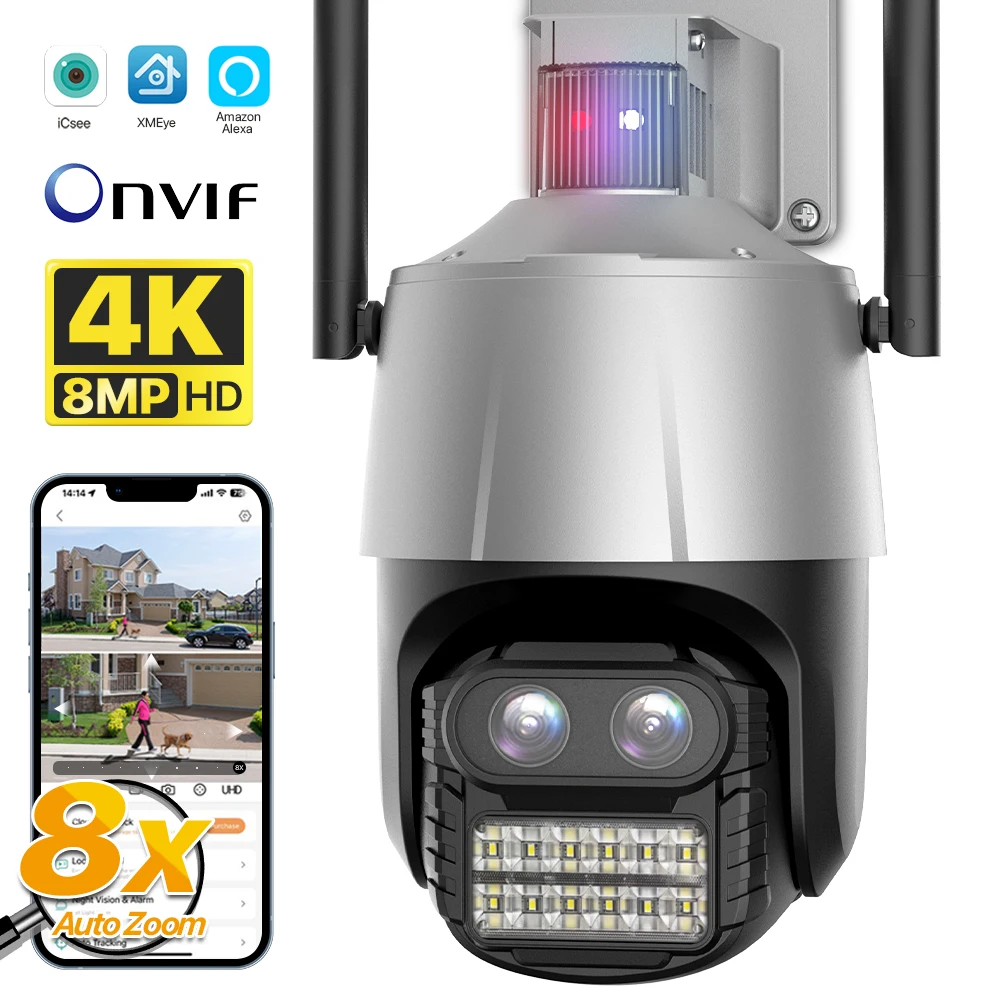 WIFI IP Camera 4K 8MP PTZ Camera Outdoor 2.8+12mm Dual-Lens 8X Zoom Security Camera Auto Tracking P2P CCTV Surveillance iCSee