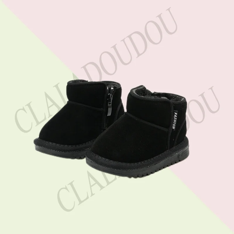 Brand Genuine Leather Kids Snow Boots For Boys Girls Solid Suede Zip Ankle Boots With Thick Plush 0-3years Toddler Winter Shoes