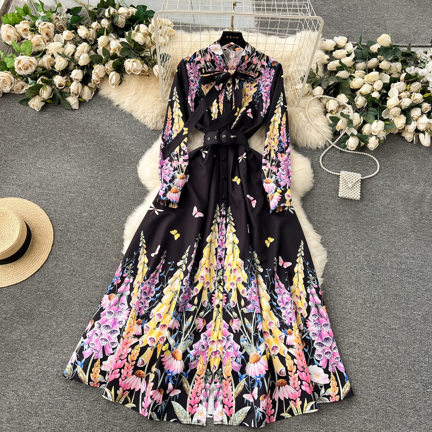 Basic Casual Dresses 2024 Summer Holiday Lavender Flower Dress Women Bow Collar Long Sleeve Floral Print Belt Single Breasted Belt Long