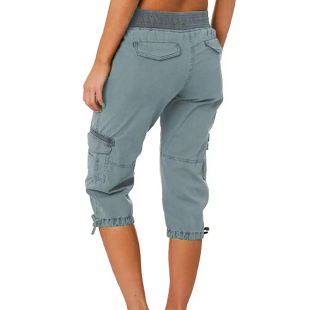 2023 Summer Ladies 2025 Stretch Pants Solid Color Mid-calf Length Flap Pockets Waist Cropped new Pants Female Casual Clothing