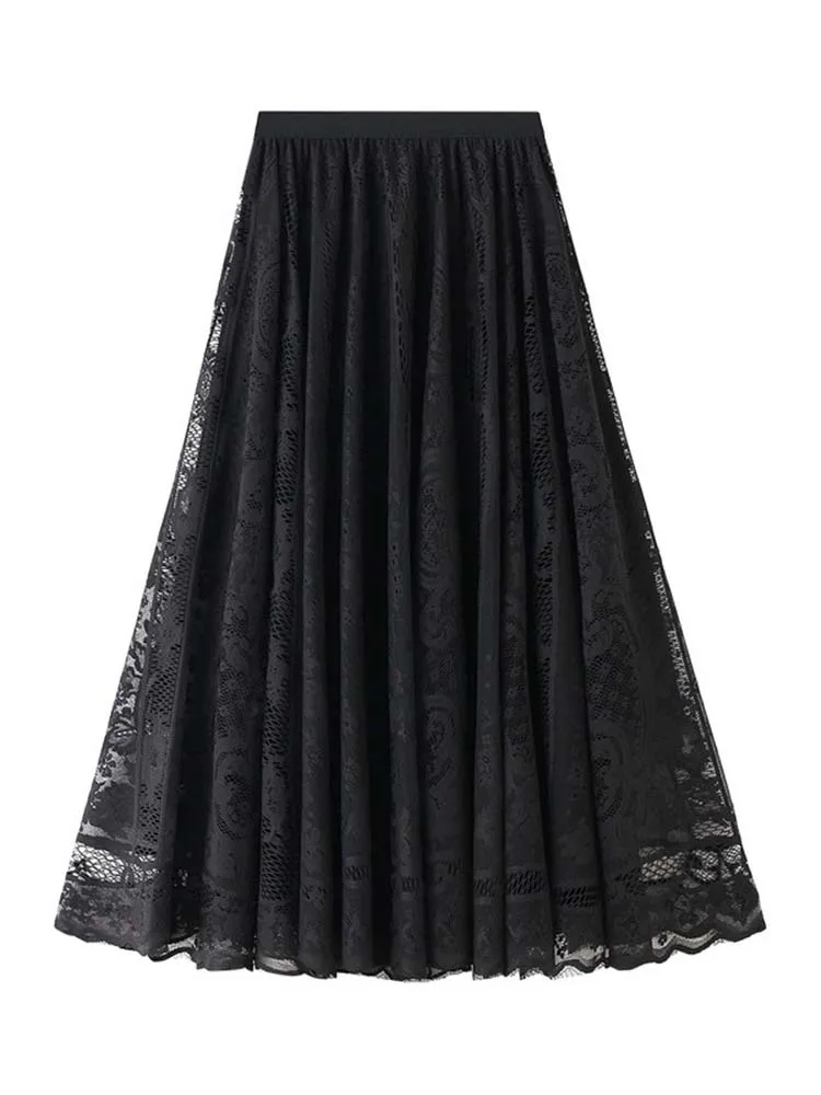 Spring Summer Women Lace Skirts Solid new High Waist Elastic Vintage Elegant Office Ladies White Black Chic 2025 Long Skirts Jupe Longue