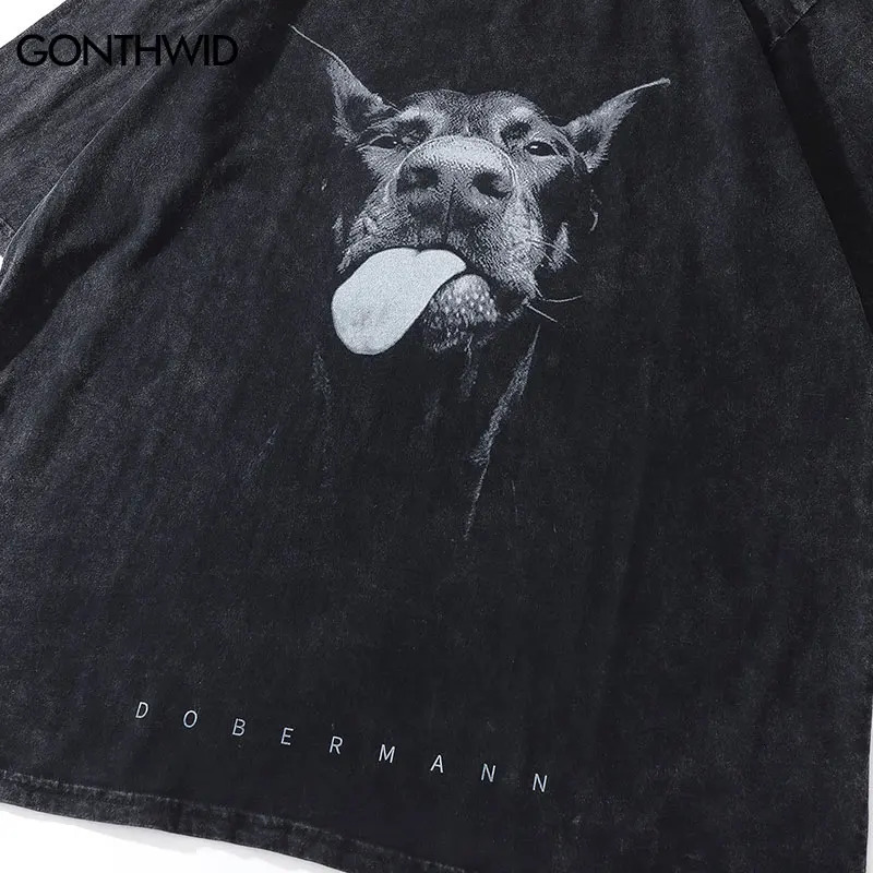 2023 Men Streetwear Hip Hop Oversized T Shirt Funny Doberman Dog Graphic TShirt Vintage Washed Black Tshirt Harajuku Tee Cotton 240315