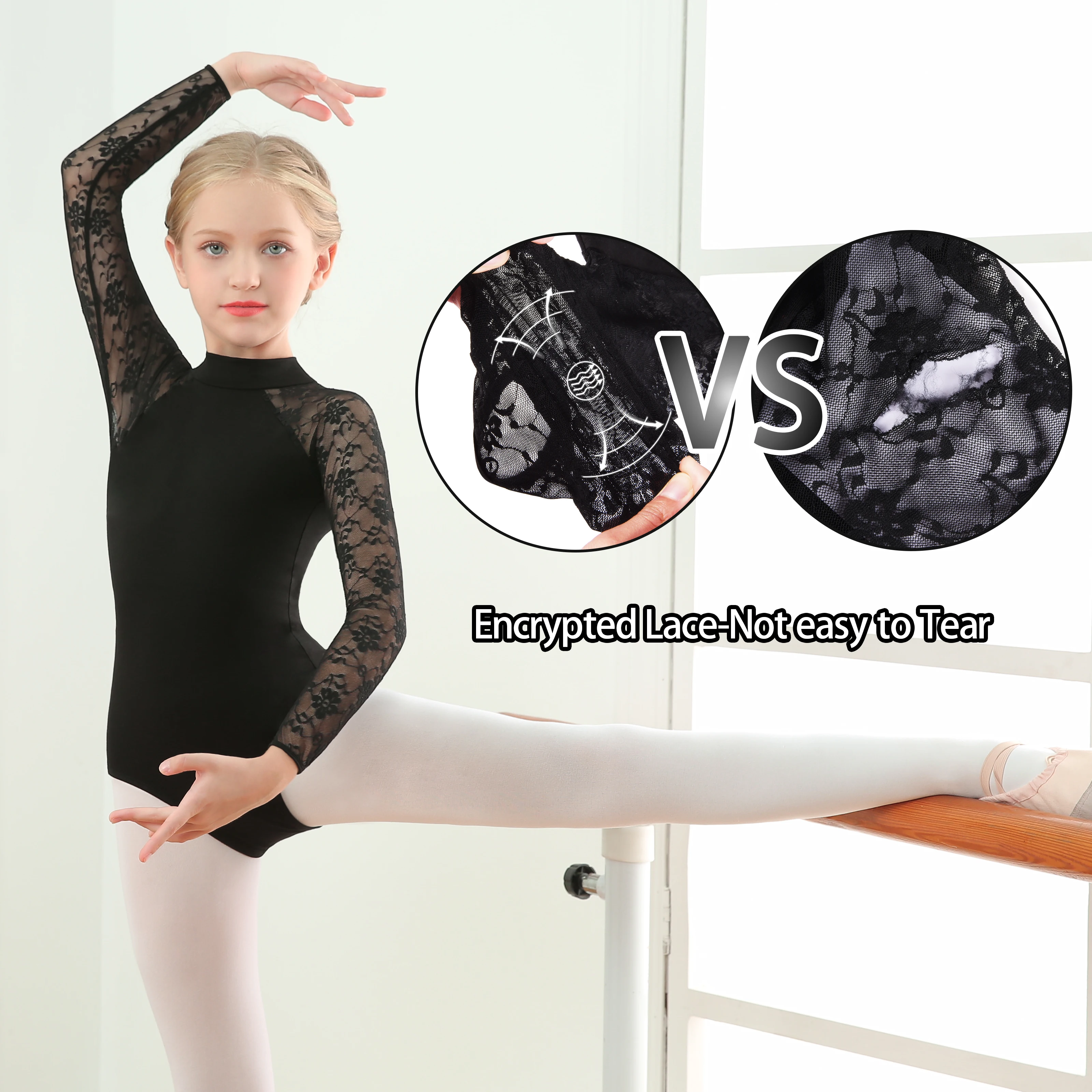 Girls Dance Leotard Toddler Lace Neck Leotard Kids Long Sleeve Leotard with Water Drop-shaped Back