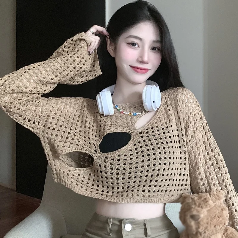 Mesh Loose See-through Tops Knitted round Neck Women's Blouses
