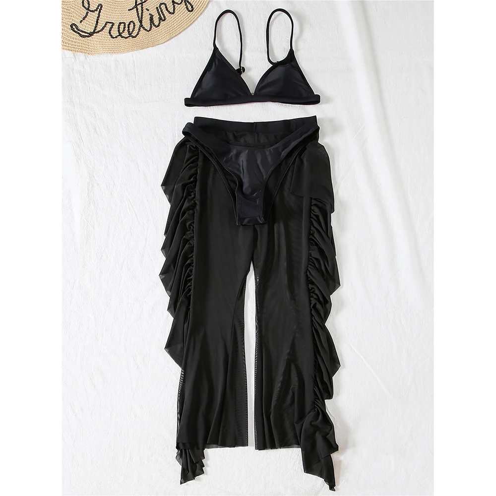 2023 New Sexy new Three Pieces Bikini Set With Ruffle Beach Pants 2025 Swimwear Women Swimsuit Female Solid Bikini Bathing Suit Beachwear