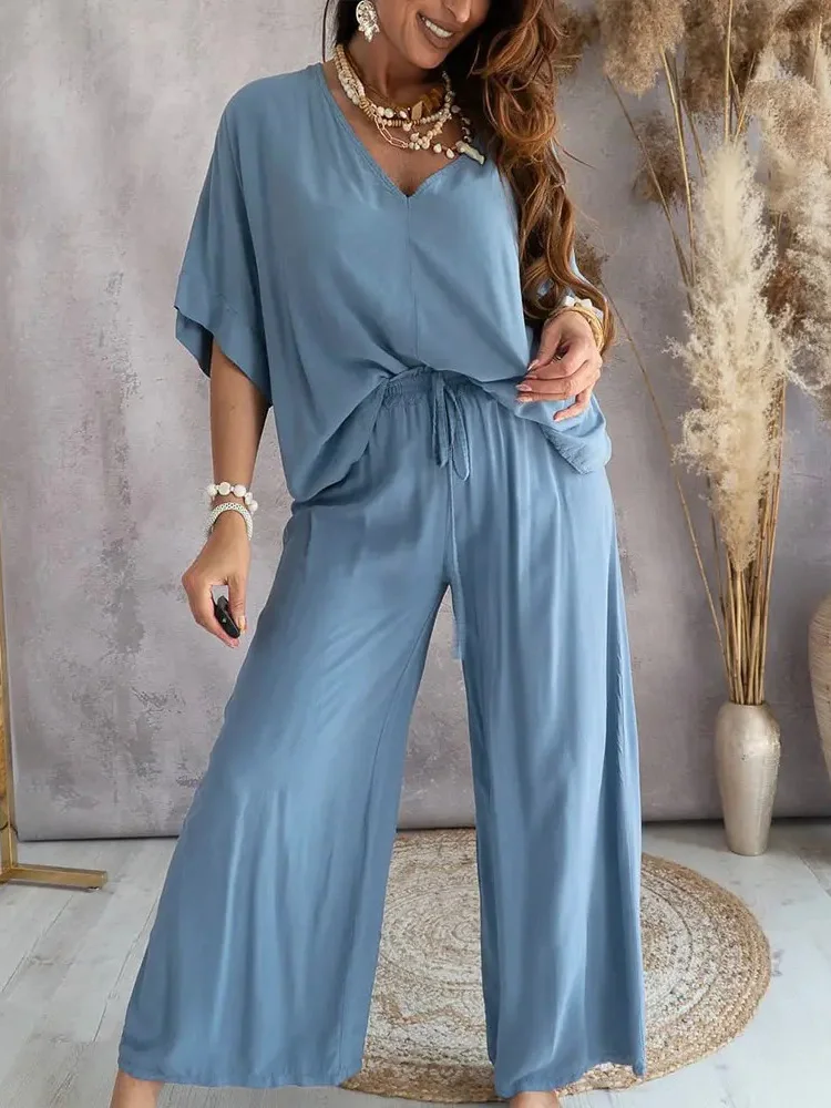 new Women Three Quarter Sleeve Tops Loose Long Pants Suit 2025 2023 Casual Streetwear Elastic Waist Set Female Solid Chic Trousers Outfit