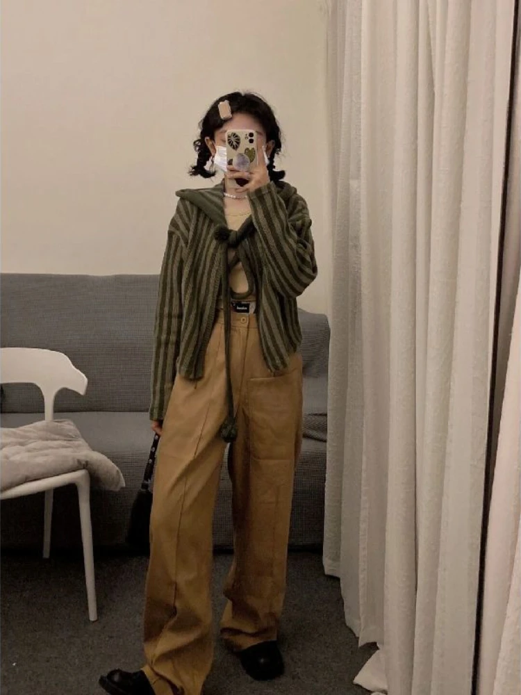 Deeptown 90s Vintage Green Hooded Knitted Cardigan Women Harajuku Kpop Zip Up Cropped Sweater Fairy Grunge Loose Y2K Tops Korean