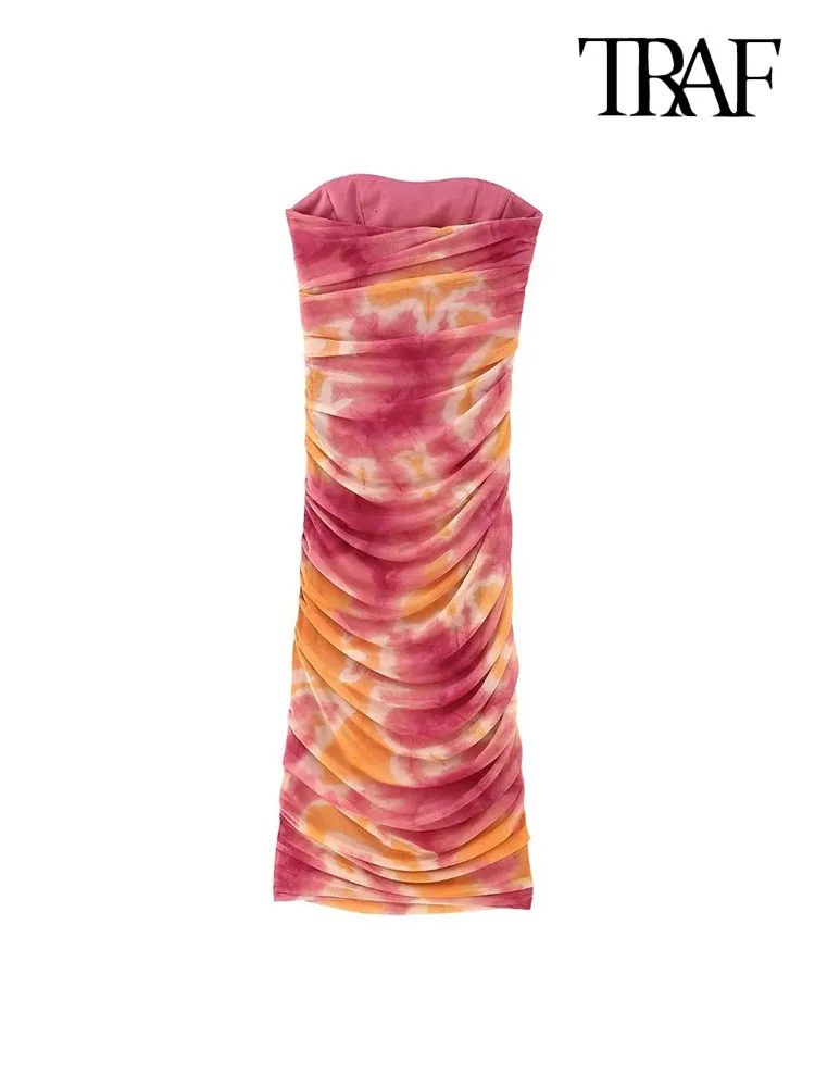 TRAF Women Fashion Strapless Printed Tulle Ruched Midi Dress Vintage Straight Neck Side Zipper Female Dresses Vestidos Mujer 240319