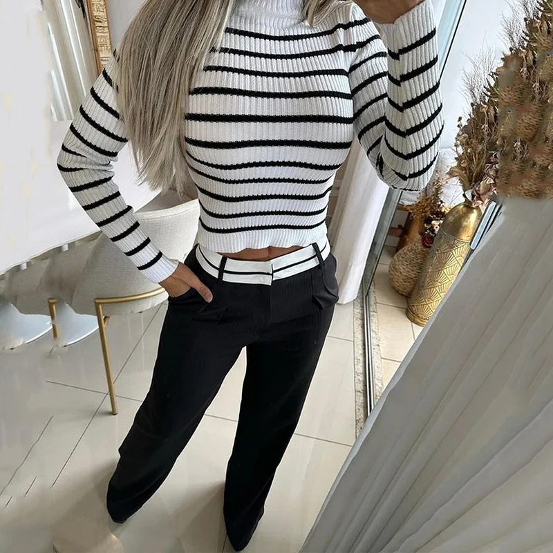 Wefads Women Two Piece Set Winter Office Casual Striped Printed Crew Long Sleeve Slim Sweater Top Loose With Pockets Pants Sets