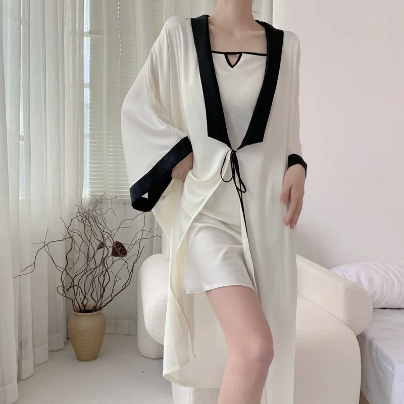Women New Patchwork Robes Set Long Kimono Bathrobe Gonw Silk 2025 Satin Nightgown new French Style Spaghetti Strap Lingerie Loungewear