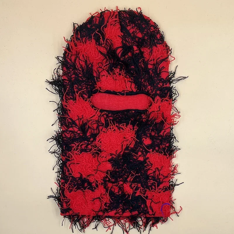 Hip Hop Balaclava Distressed Knitted Caps Full Face Ski Mask Women Outdoor Camouflage Fleece Fuzzy Ski Balaclava Beanies Men Hat