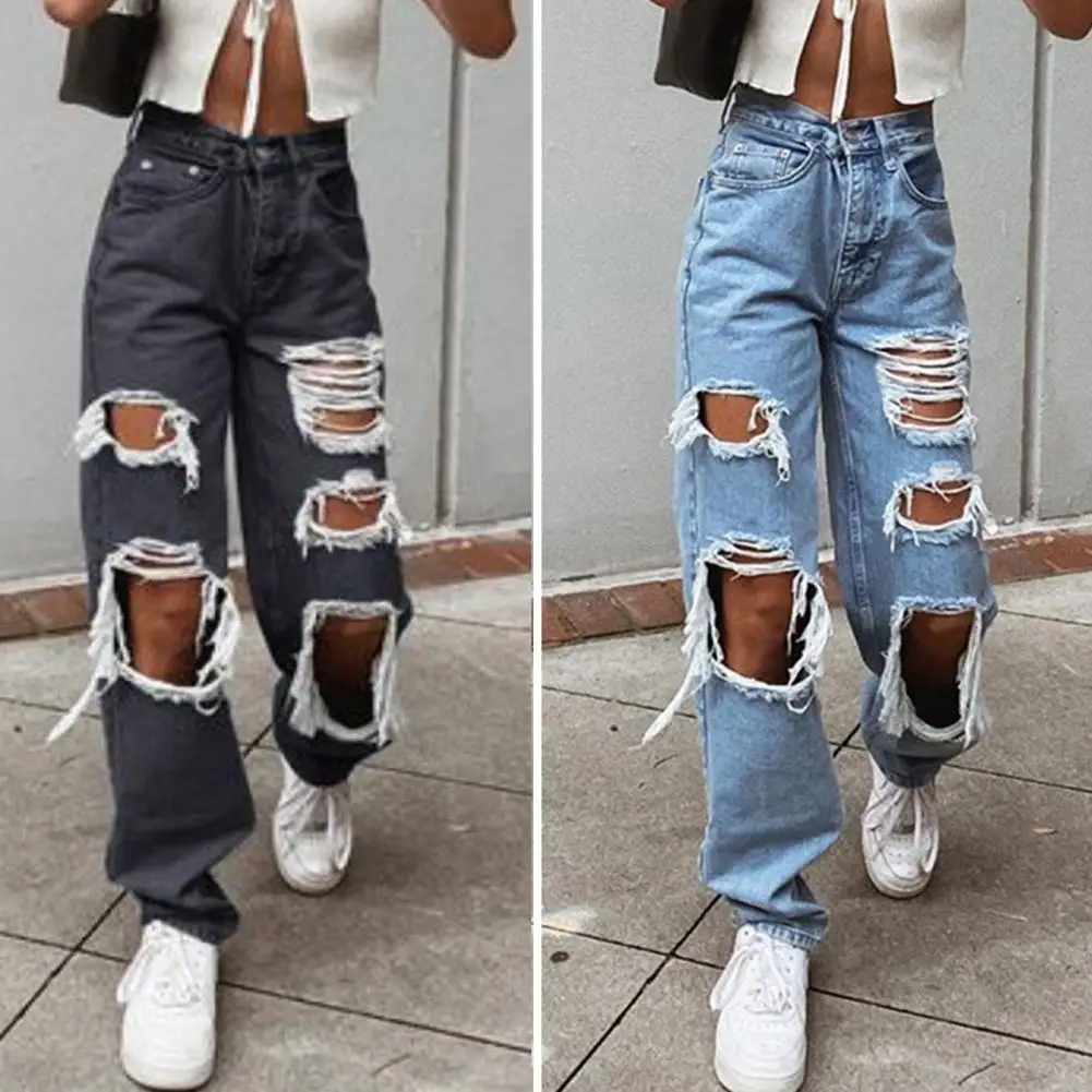 Women Jeans Zipper Fly Wide Leg Lady Denim Pants High Waist Women Denim Trousers No Stretch Women Ripped Loose Fit Jeans