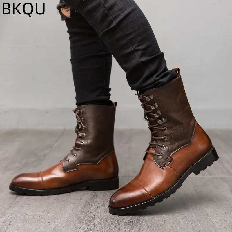 Men's Trendy High-top Boots Motorcycle Boots Leather Boots Non-slip Low-top Thick-soled Elastic Outdoor Wear-resistant Fashion