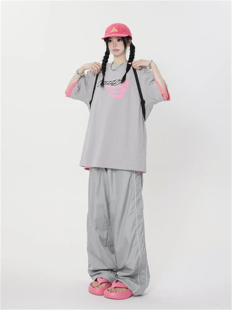 Deeptown Y2K Gorpcore Gray Track Pants Women Streetwear Hip Hop Navy Blue Sports Trousers Oversized Vintage Kpop Sweatpants