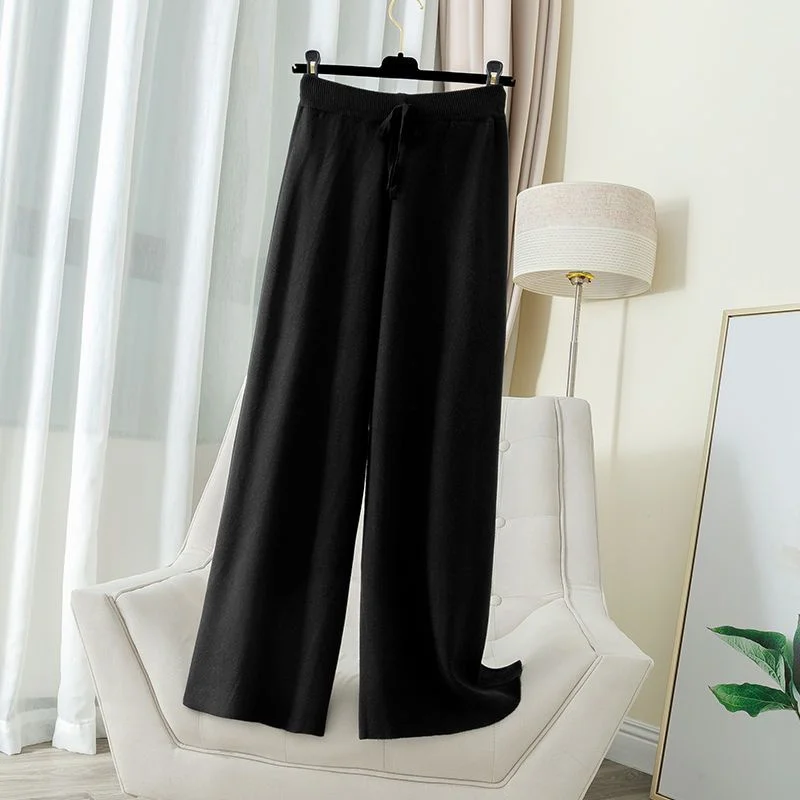 Drawstring Slim Waist Wide Leg Pant High Waist Loose Knitted Casual Pants 2023 Harajuku Solid Color Elegant Straight Pants Women