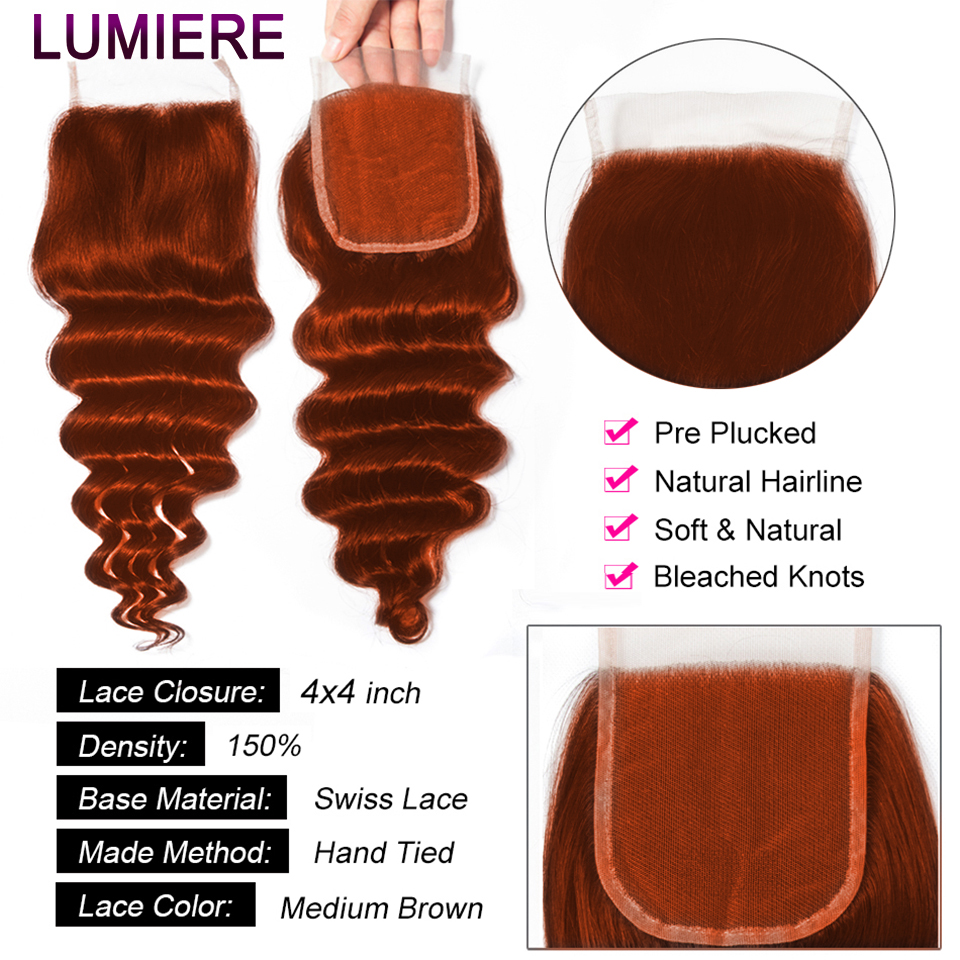 30 32" Ginger Orange Loose Deep Wave Bundles With Closure Frontal Brazilian Raw Human Hair Weave 3/4 Bundles Deal Hair Extension 8a3f4