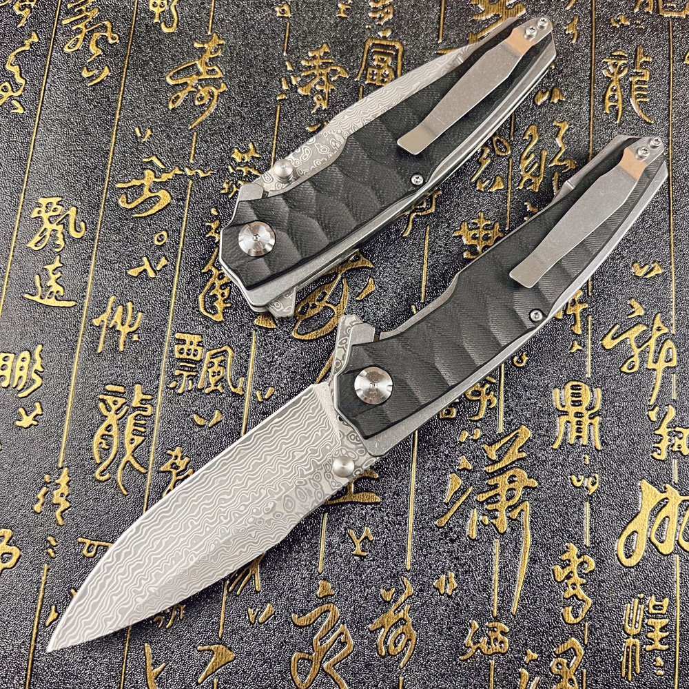 A6712 High Quality Flipper Folding Knife Damascus Steel Blade CNC G10 Handle Ball Bearing Outdoor Camping Hiking Fishing EDC Folder Knives
