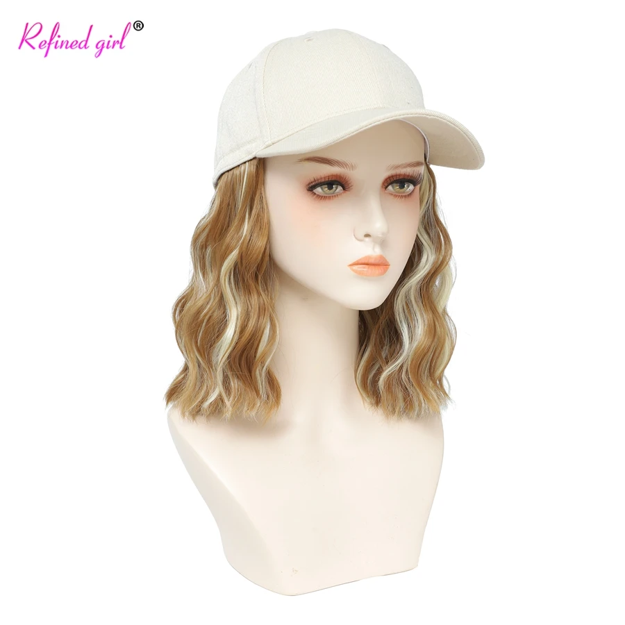 Short Hat Wig Baseball Cap with Natural Wave Hair Extensions Synthetic Wig for Women Adjustable White Black Pink Baseball Wig