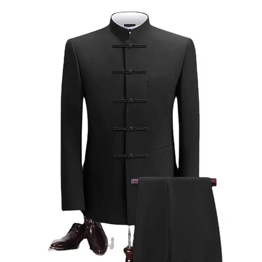 2 Pieces Men's Zhongshan Collar Chinese Tunic new Suit Formal Suits 2025 Single Breasted Groomsmen Wedding Tailored Fit (Blazer+Pants)