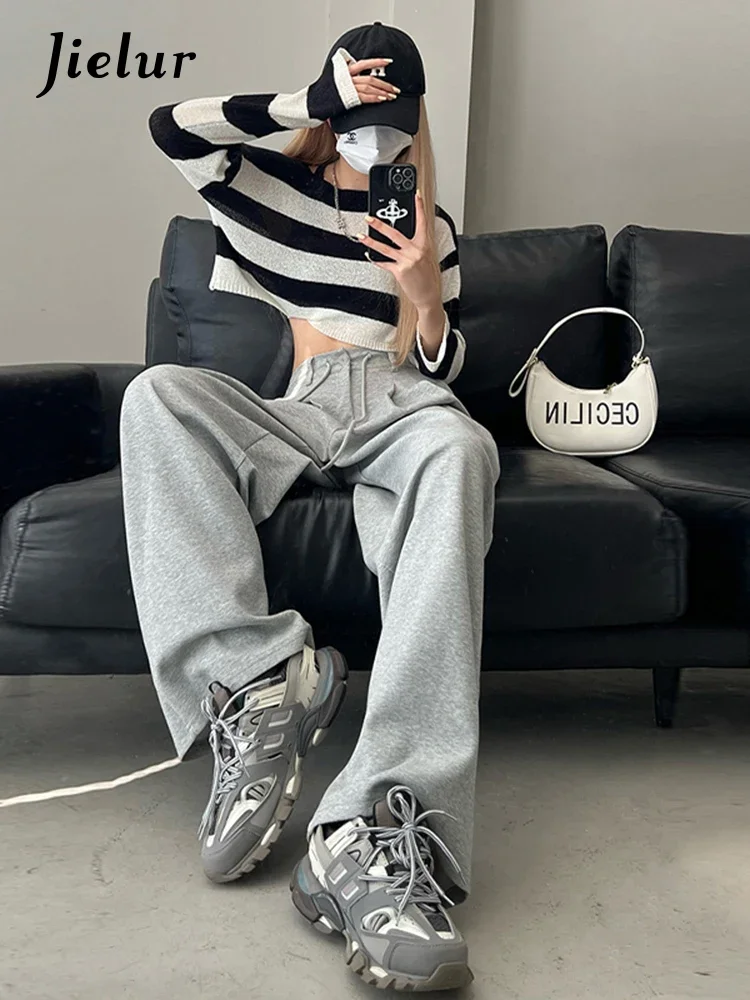 Jielur New High Waist American Solid Color new Women's Pants Drawstring Loose 2025 Straight Pants Woman Grey Casual Pants Summer Female