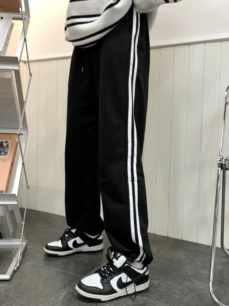 HOUZHOU Casual Sweatpants Women Korean Style Classic Sports Pants Oversize Summer Joggers Baggy Gray Black Striped Wide Trousers