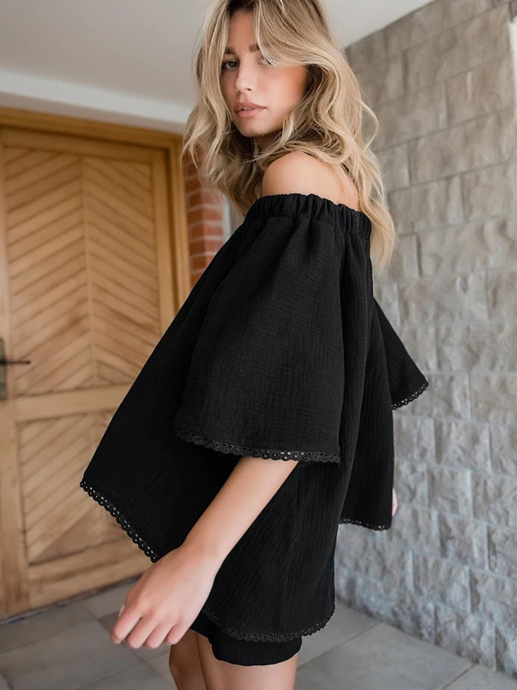 2025 Linad Off new Shoulder Women's Nightwear Sexy 2 Piece Sets Lace Sleepwear Female Casual Suits With Shorts Loose Pamas Spring 2023