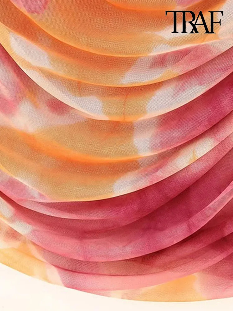 TRAF Women Fashion Strapless Printed Tulle Ruched Midi Dress Vintage Straight Neck Side Zipper Female Dresses Vestidos Mujer 240319