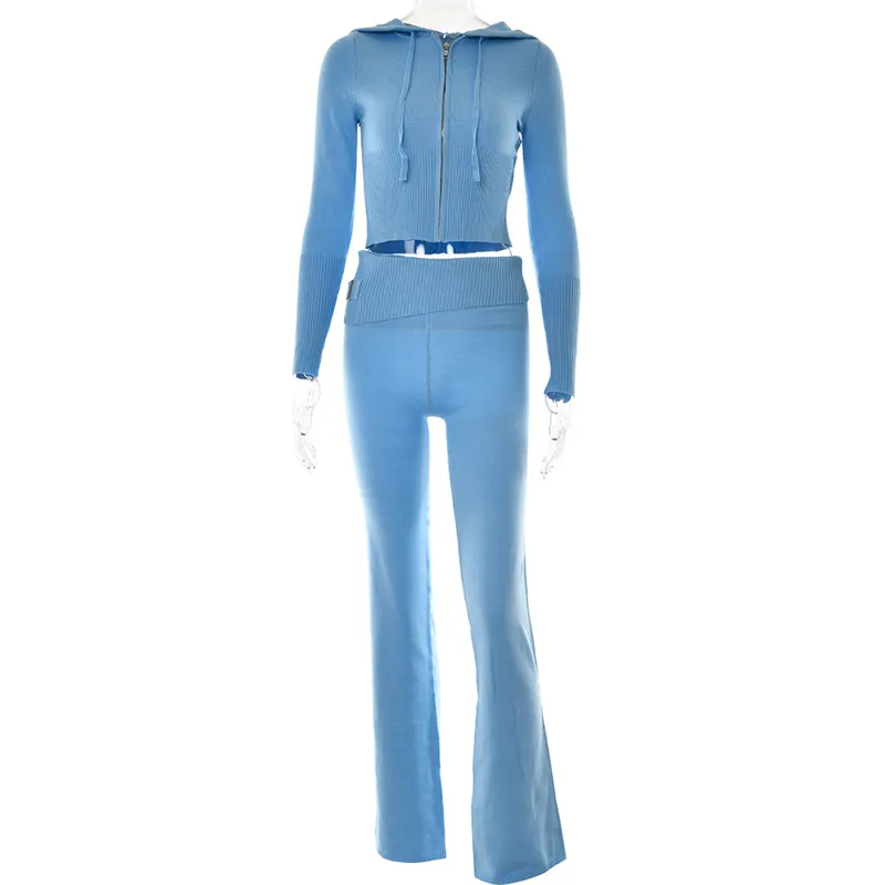Solid Knitted 2 Piece new Sets Women Tracksuit 2025 Long Sleeve Zipper Hooded Sweater Jackets Crop Top Flare Pants Stretchy Matching Suit